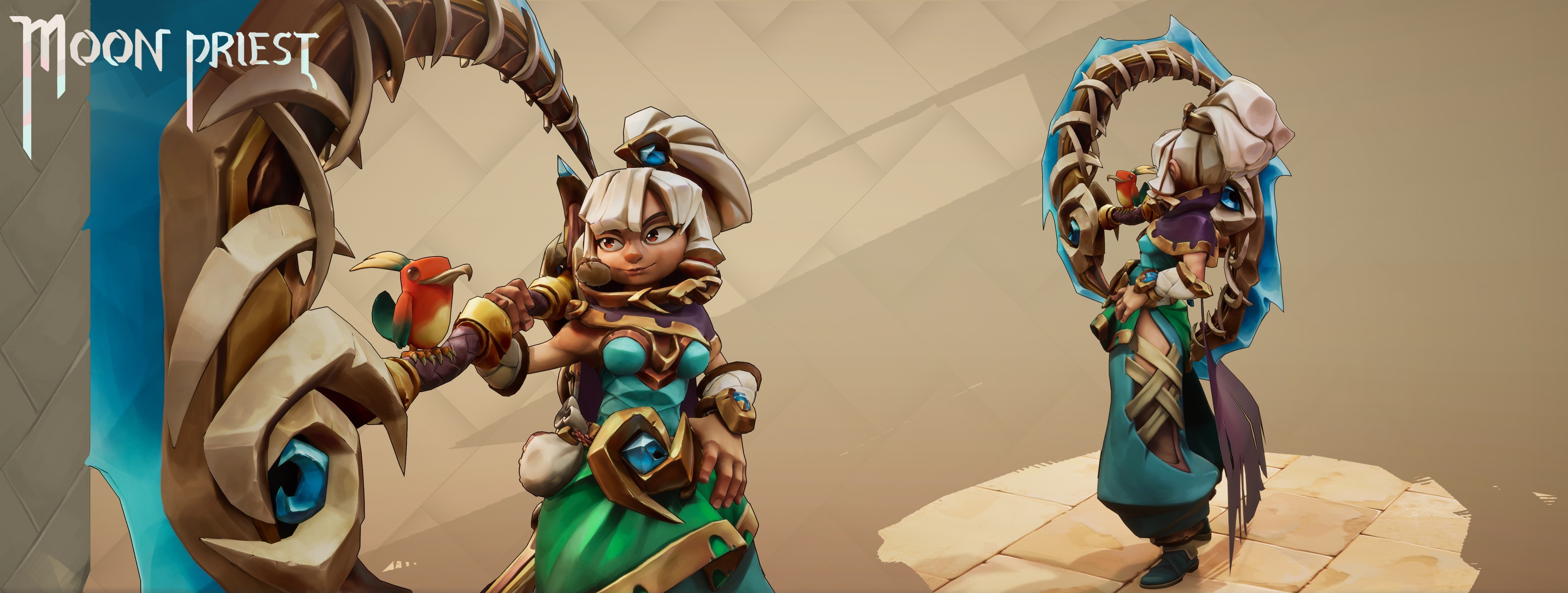 A detailed fantasy character design of a "Moon Priest" featuring a stylized female figure in vibrant teal and purple robes, adorned with intricate gold and gemstone accessories, holding an ornate crescent staff, set against a geometric, earth-toned background, showcasing high-quality 3D modeling and concept art ideal for AAA game art projects.