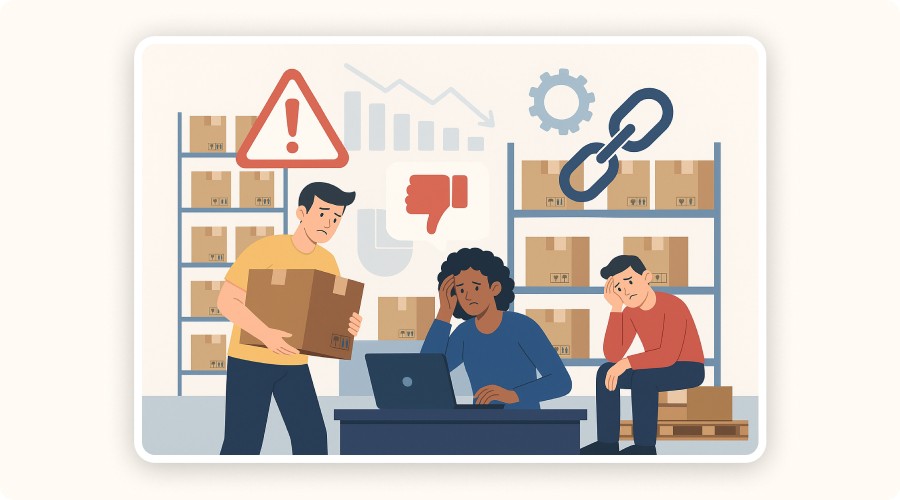 Illustration representing a disorganized logistics warehouse: late packages, overwhelmed operators, frozen software interface, and an unhappy customer in the background — visual symbol of the warning signs needing a change in ecommerce fulfillment center.