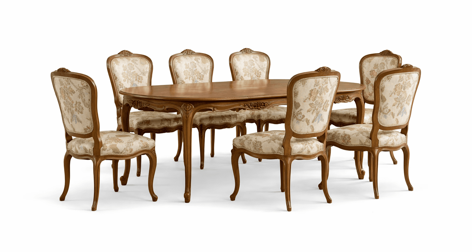 Oval wooden dining set with carved edges and floral upholstered dining chairs
