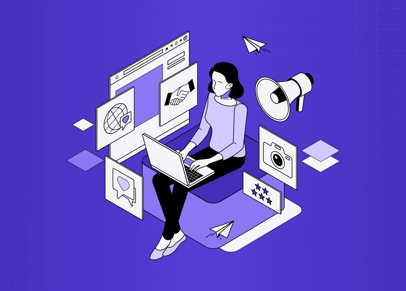 Illustration of a person working on a laptop surrounded by floating UI elements like chat, analytics, and media icons.
