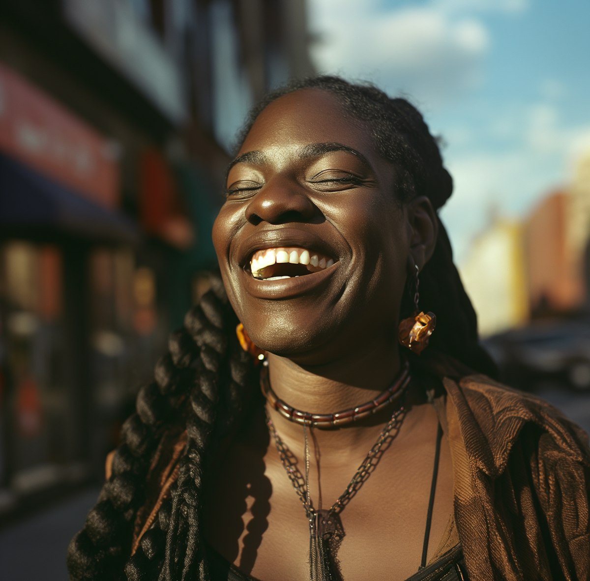 Sunlit joy portrait of a radiant woman with braided hair and amber adornments.