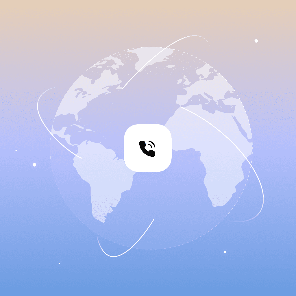 Global call icon centered on a world map background.