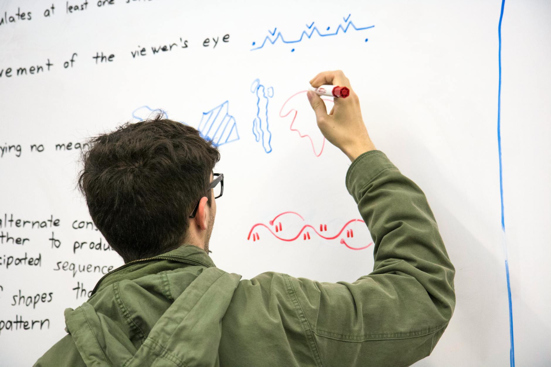 A teacher draws a colorful concept map on a whiteboard to help students visualize complex connections in history.