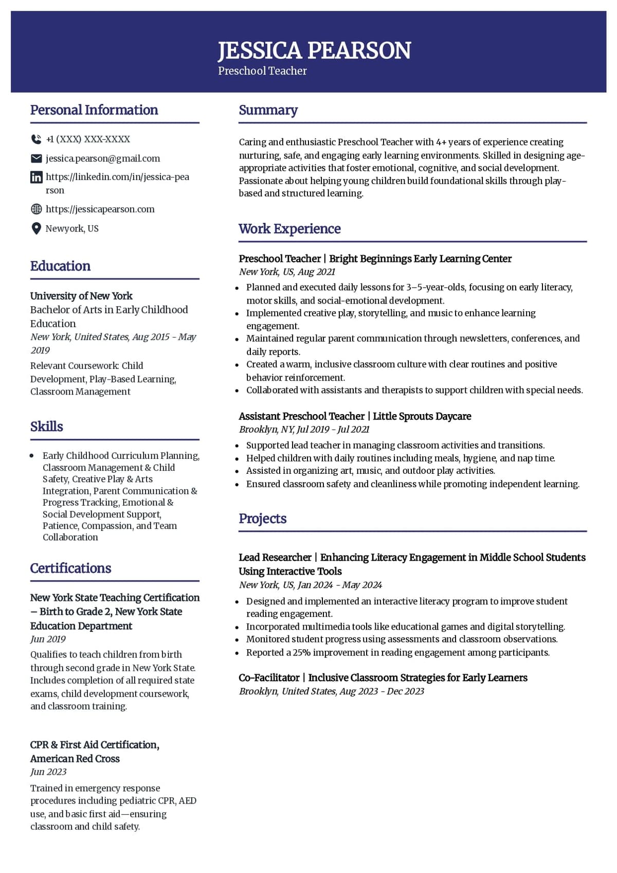 Preschool Teacher Resume Template
