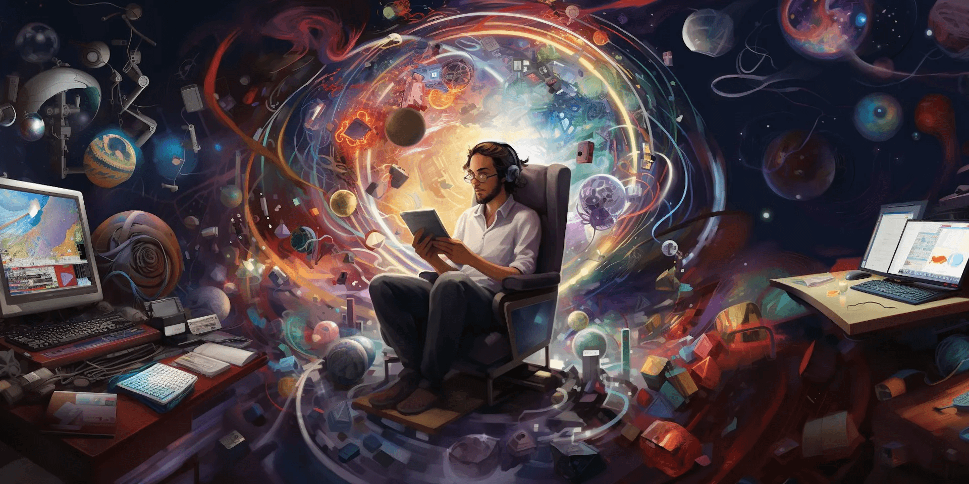 A person sitting in a chair reading surrounded by a colorful galaxy for things flying around them