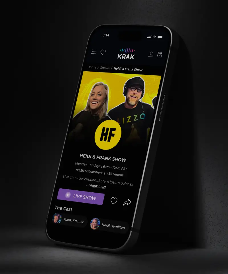 Krak Website Design: Mobile-responsive media platform interface for the 'Heidi & Frank Show' displayed on a smartphone screen.