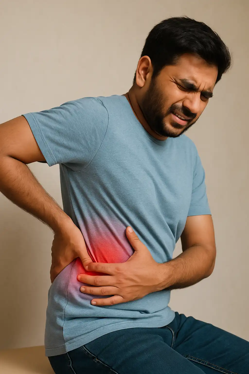 Man holding his lower back with red inflammation, indicating muscle strain or ligament sprain requiring physiotherapy intervention.