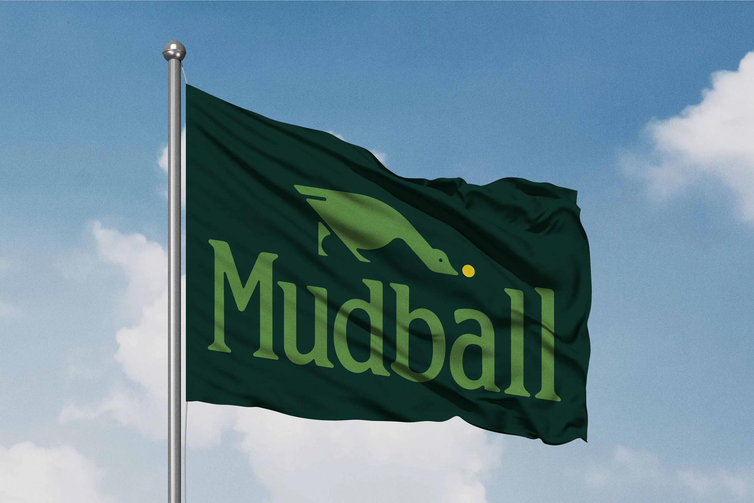 Mudball brand flag flying against a blue sky