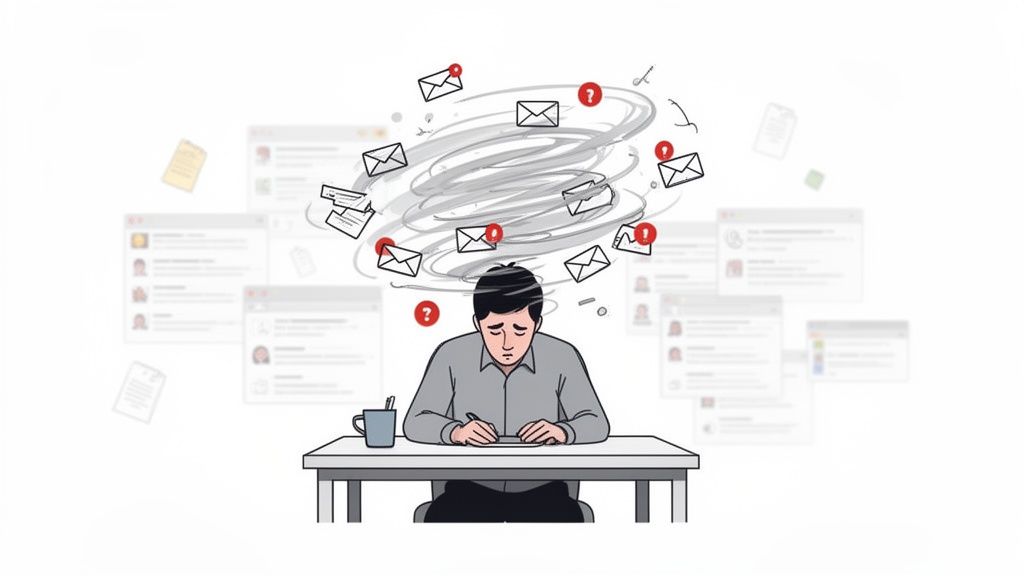 Illustration of a man feeling overwhelmed at his desk by a swirling storm of emails and notifications.