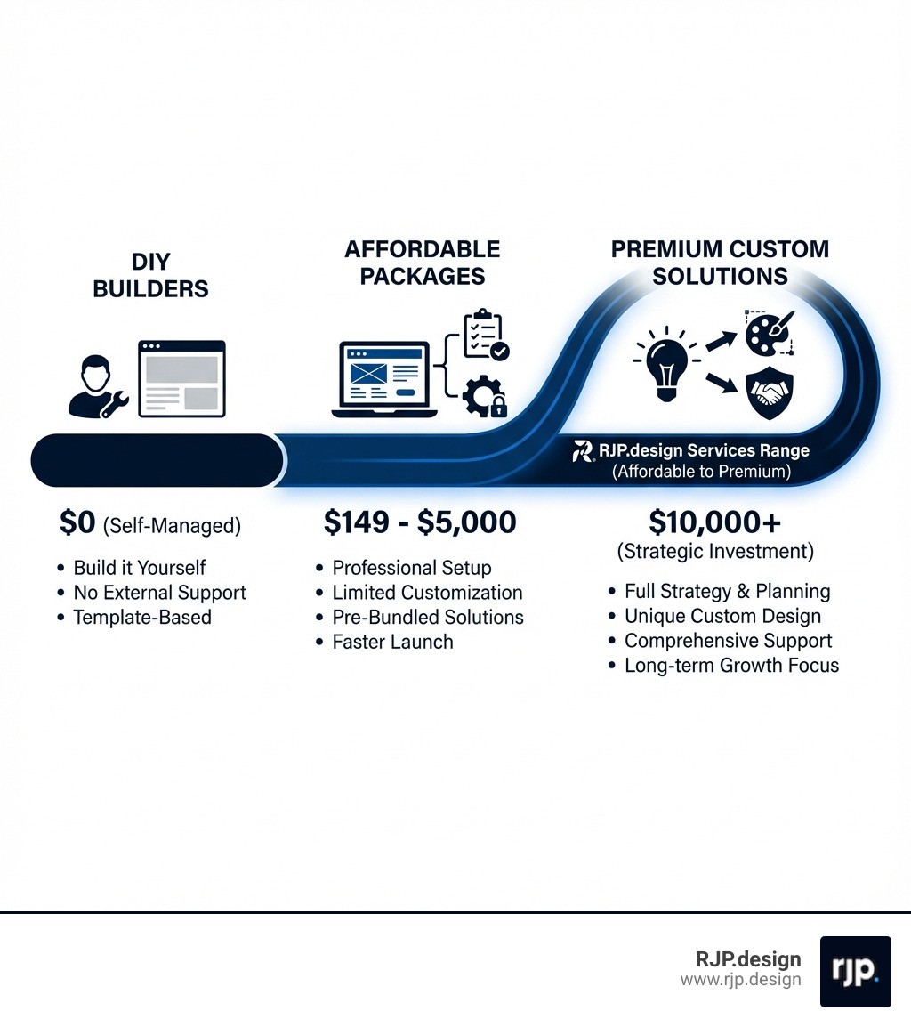 Infographic showing the website design cost spectrum from $0 for DIY builders, $149-$5000 for affordable packages with professional setup and limited customization, and $10000+ for premium custom solutions with full strategy and support, with RJP.design offering services across the affordable to premium range - cheap website design packages infographic 