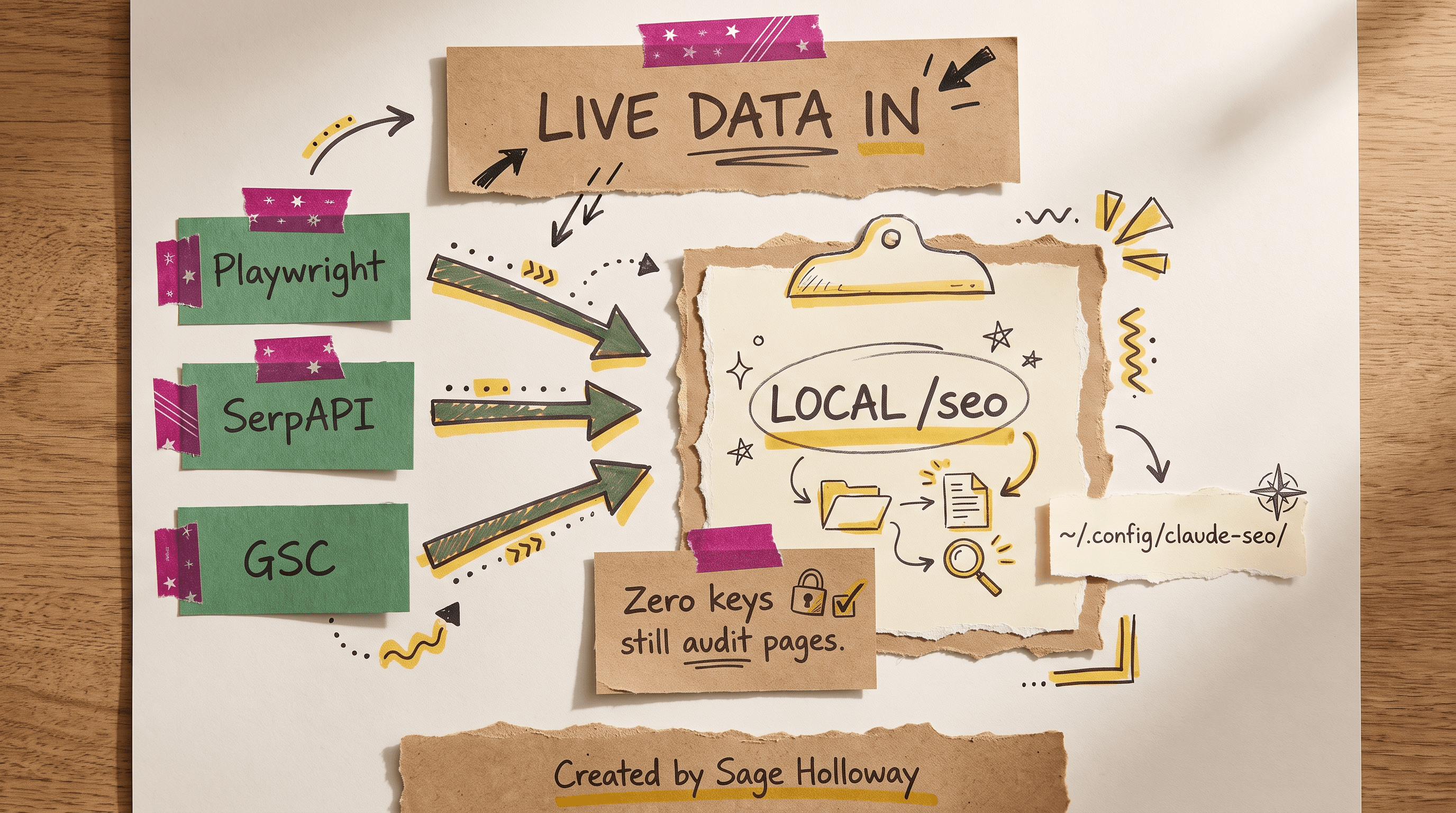 Diagram of Playwright, SerpAPI, and GSC feeding Claude Code SEO slash commands