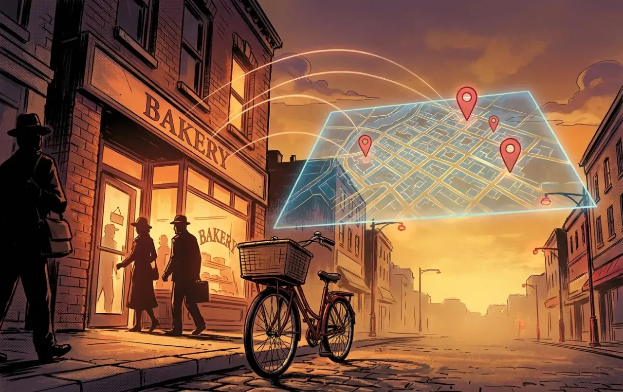 RockN' Socials Digital Marketing: Bakery street scene with map and pins.
