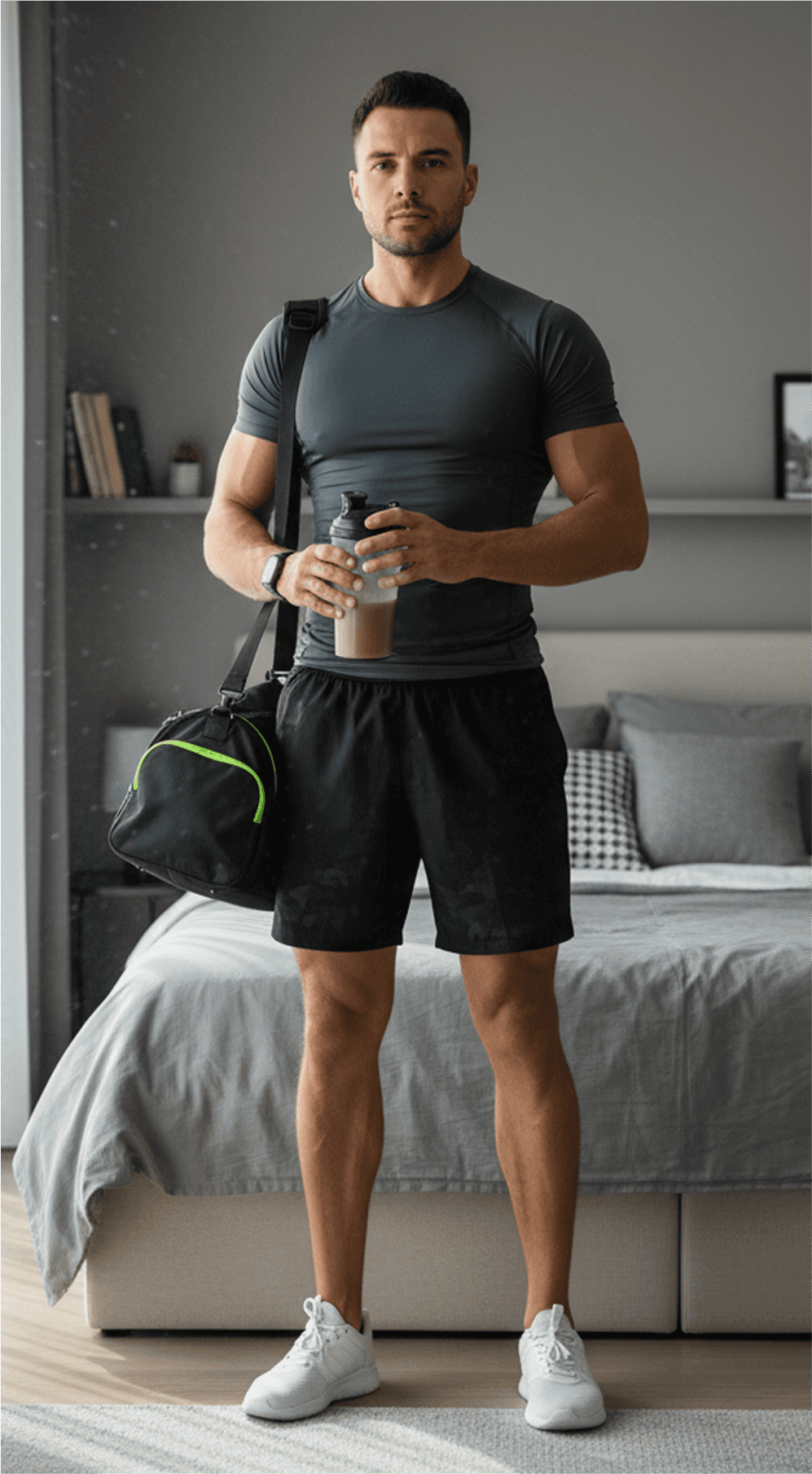 Fit man standing in a room holding a protein shake and gym bag after transformation, showing lean muscle and strength.