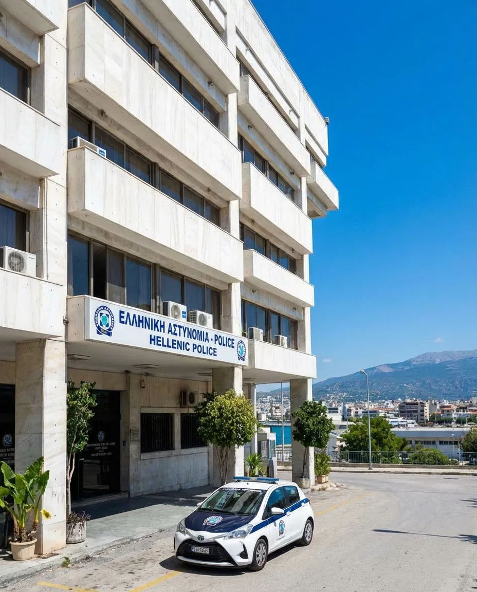 Exterior of a Greek police station in Patras with a patrol car parked nearby.
