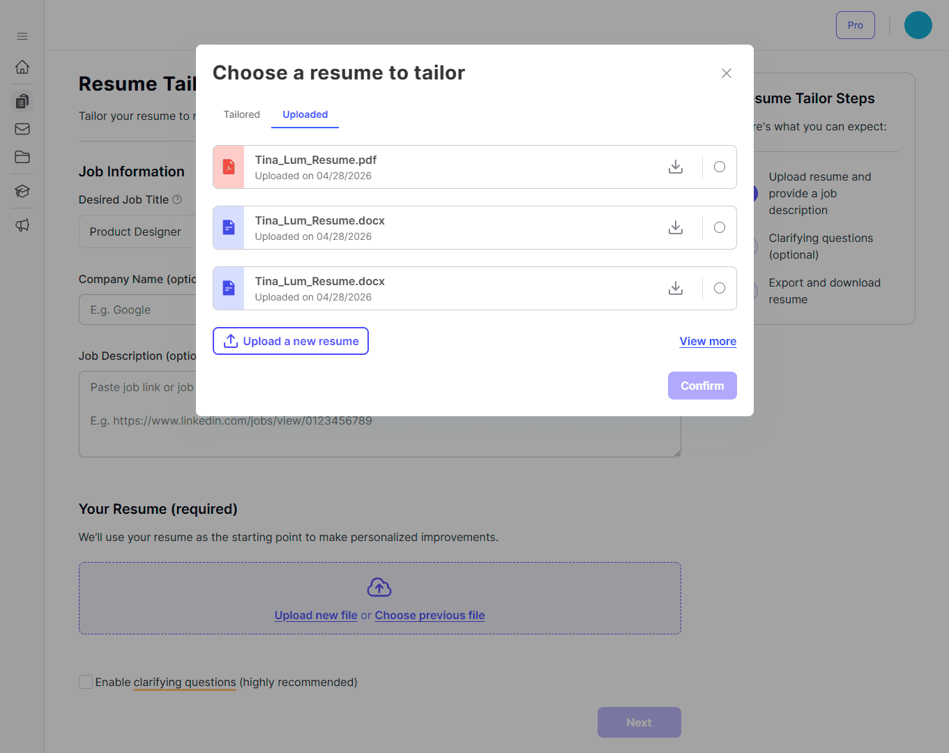 Choisir un CV à personnaliser