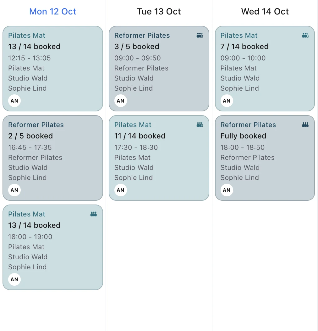 Real anny class schedule with rooms and instructors