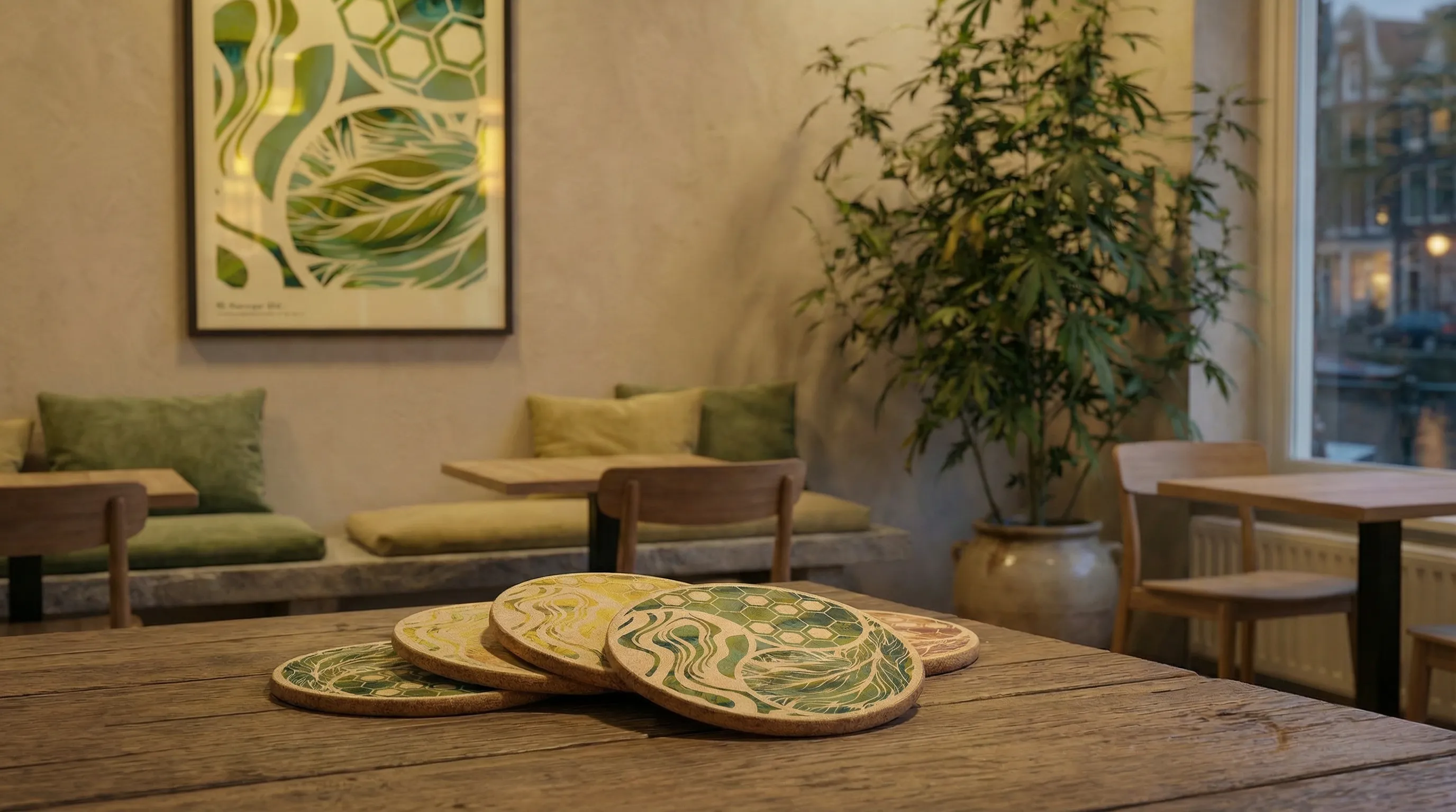 Graphic design on coasters inside a coffeeshop