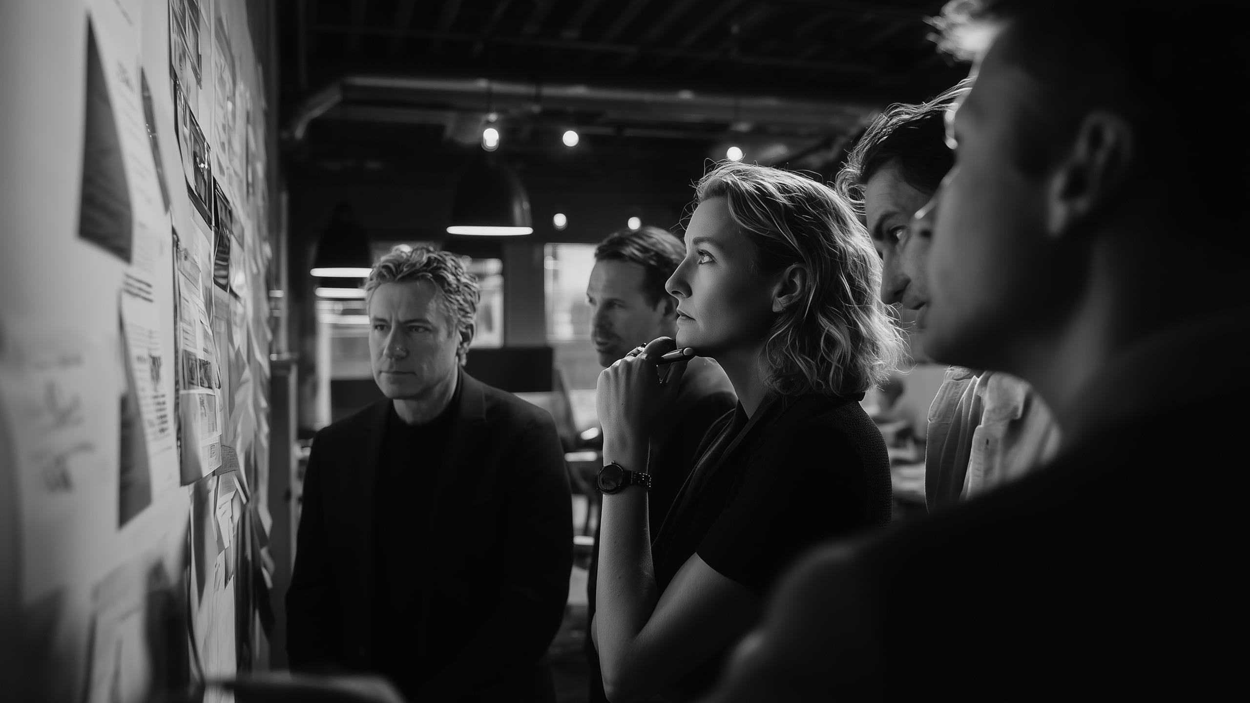 A group of people in an office intently study a wall filled with papers and notes. The black and white tone creates a focused and thoughtful atmosphere.