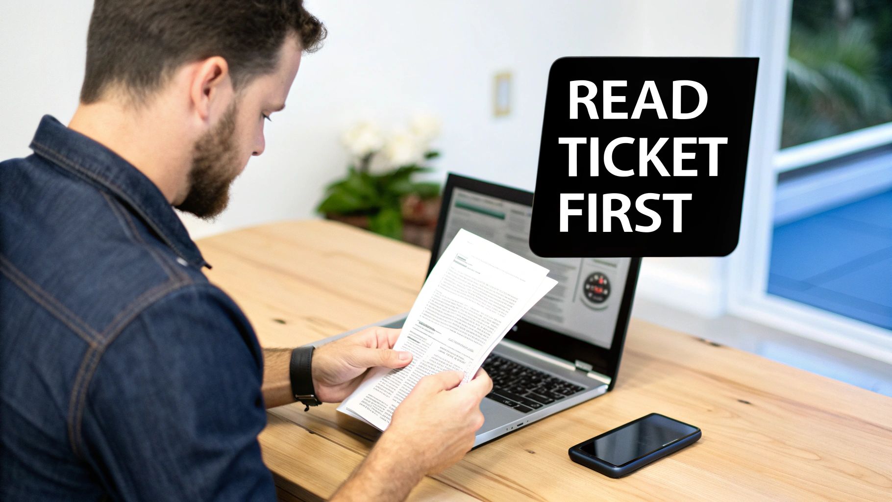 Man reading traffic ticket documents at desk with laptop displaying read ticket first reminder