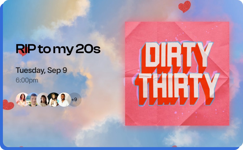A colorful card design featuring the words “Dirty Thirty” with playful graphic elements against a blue background.