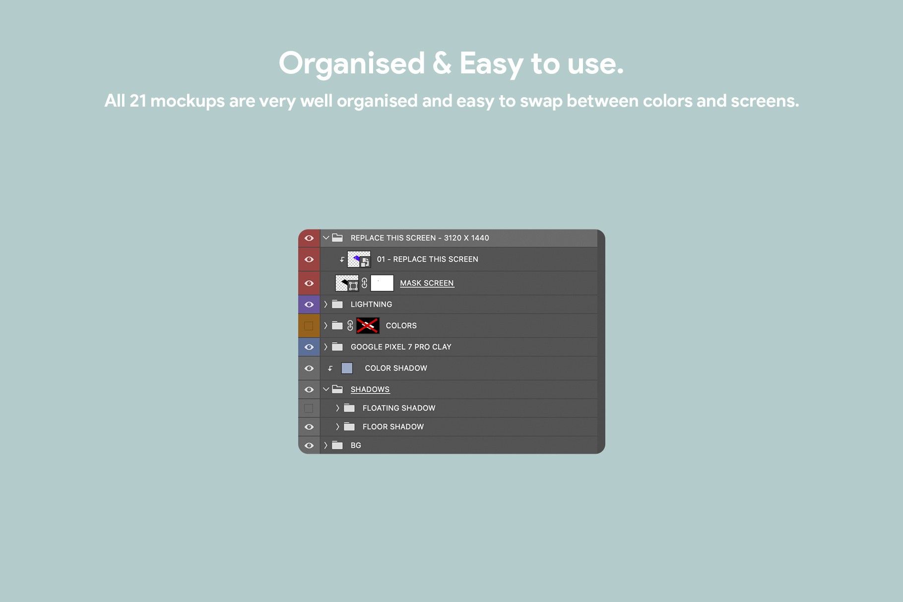 Organized PSD file layout, demonstrating how layers can be customized for colors, backgrounds, and shadows.