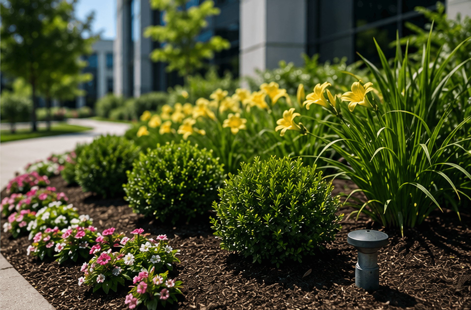 A close-up of a landscaped garden bed with dark mulch, featuring bright yellow daylilies, small round green shrubs, and pink flowers.