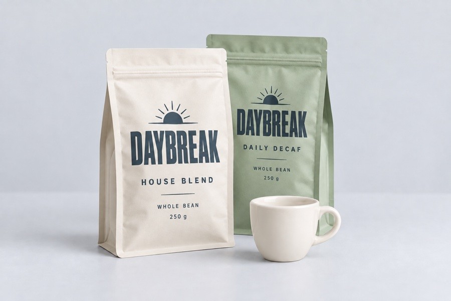 Daybreak-branded ivory and sage coffee pouches with sunrise logos and an espresso cup