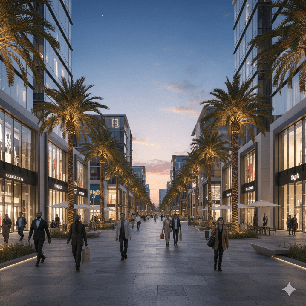 Modern pedestrian promenade at M3M Sector 25 MG Road with palm trees and retail storefronts