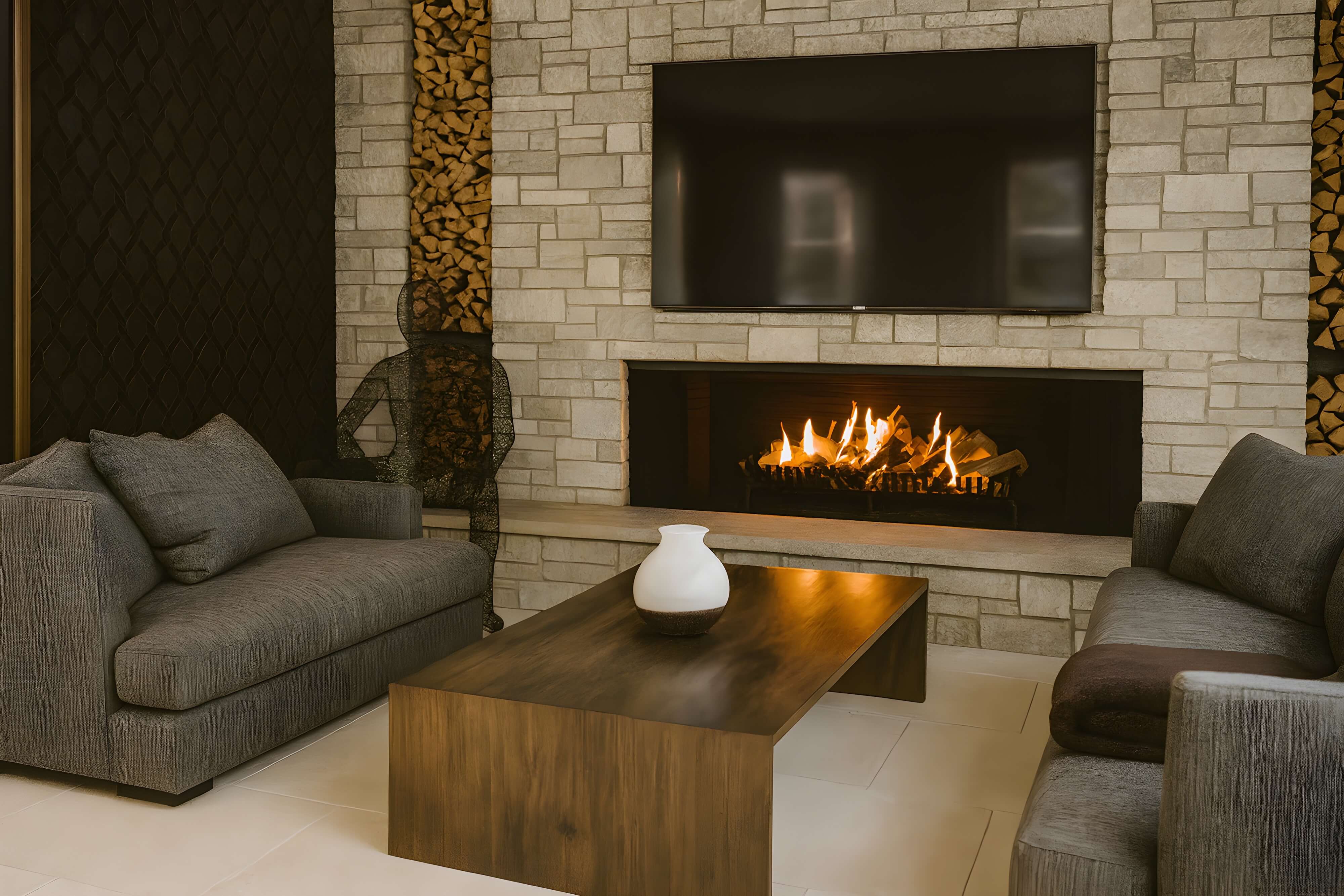 Modern living room with stone fireplace and wall-mounted TV, flanked by stacked firewood accents, featuring gray sofas, a sleek wooden coffee table, and a sculptural wire-frame chair.