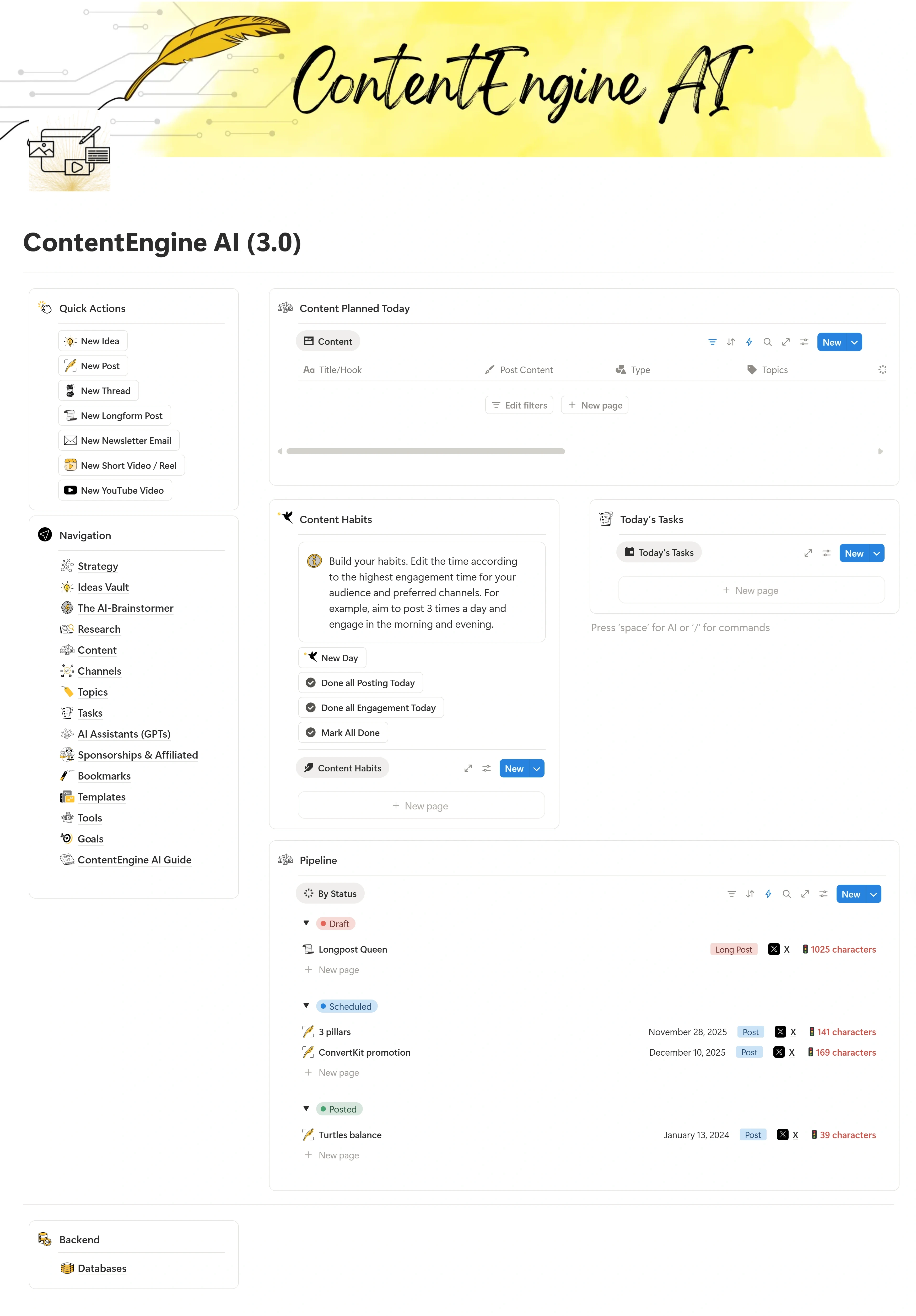 Screenshot of the ContentEngine AI Notion dashboard showing navigation, idea vault, content habits, tasks, and a content calendar