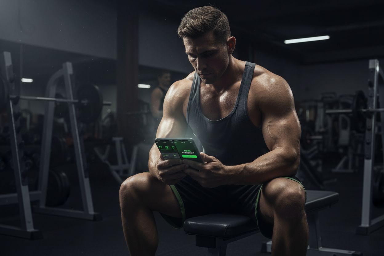 Levantador revisando opciones de aplicaciones de entrenamiento en el gimnasio