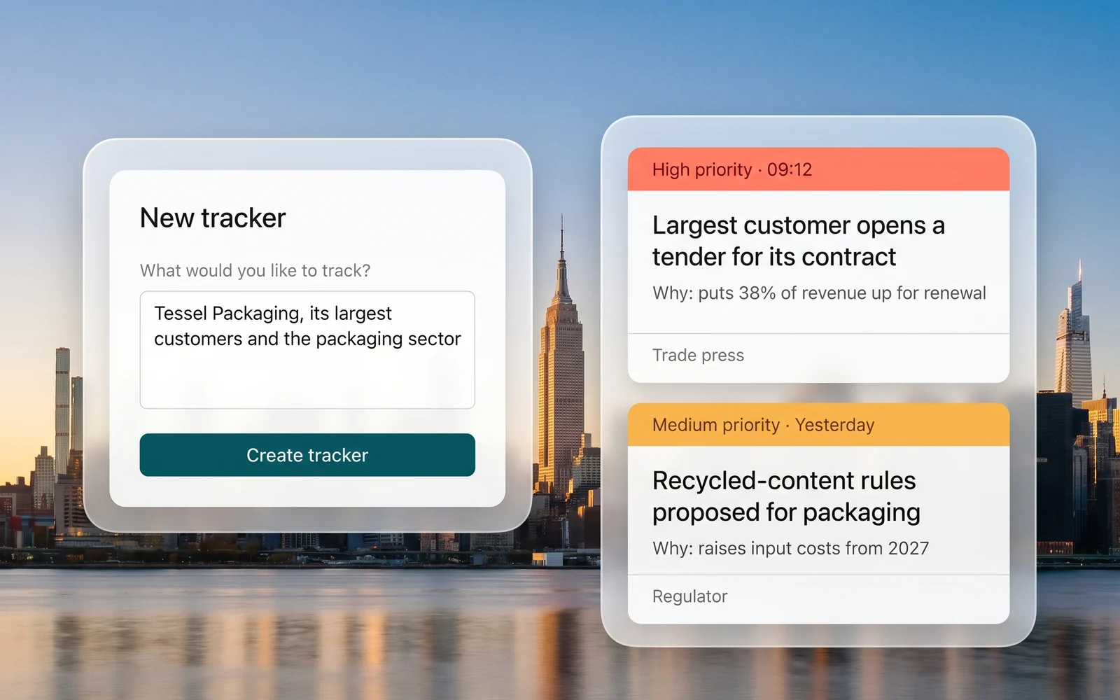 A tracker set up in plain English for a portfolio company, its customers and its sector, beside two graded alerts with the reason each matters