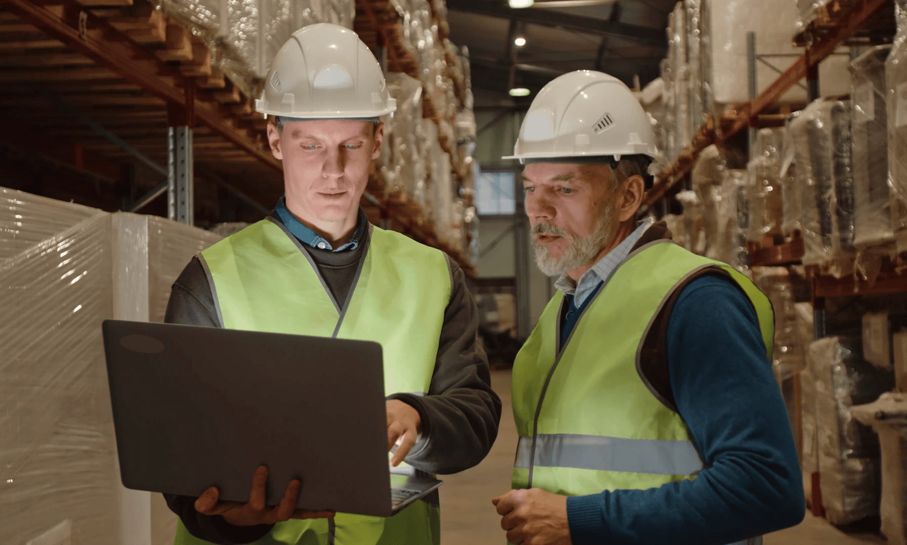 Two men in a prefab shop looking at a laptop