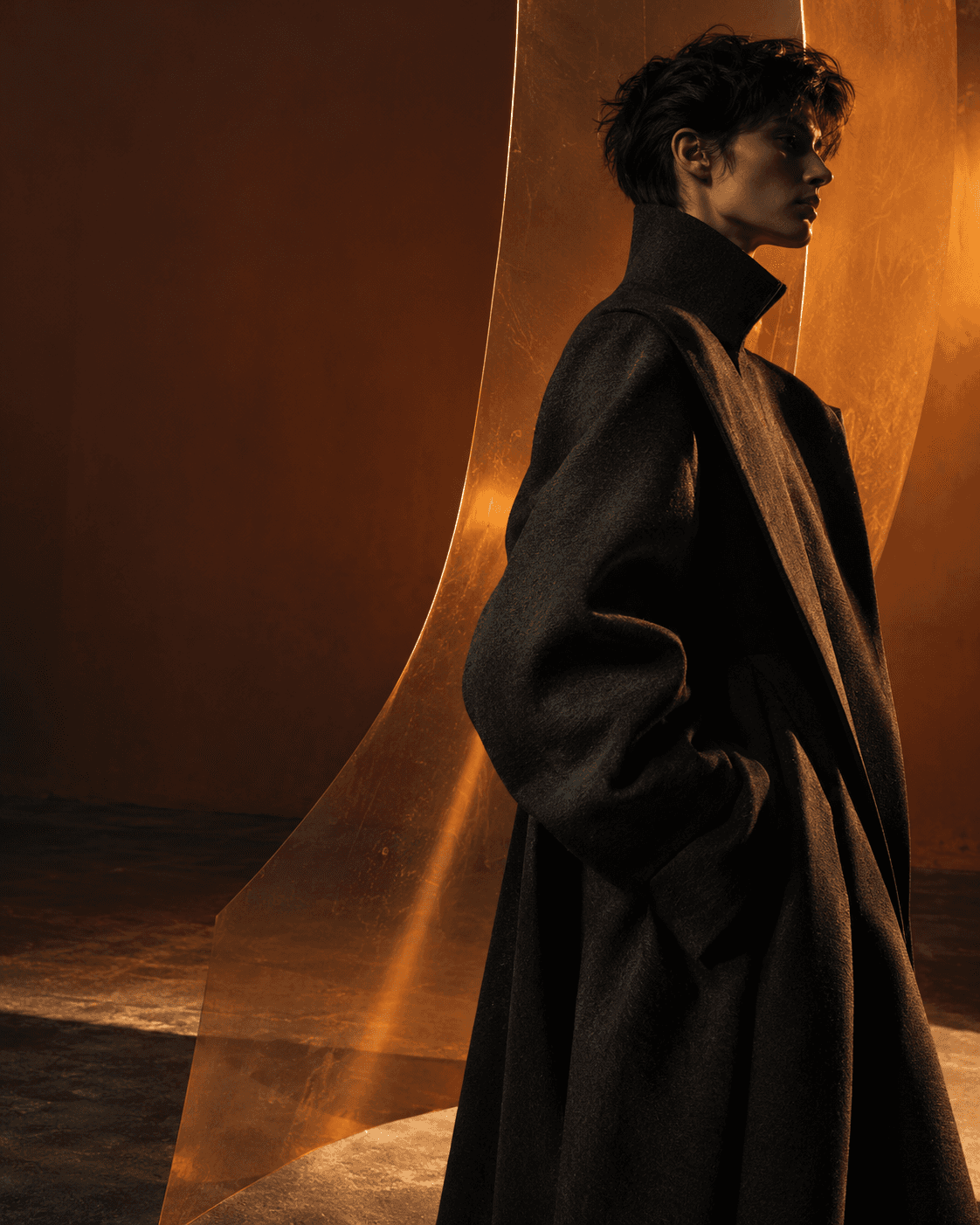 Fictional black-clad performer framed by an amber translucent curved panel