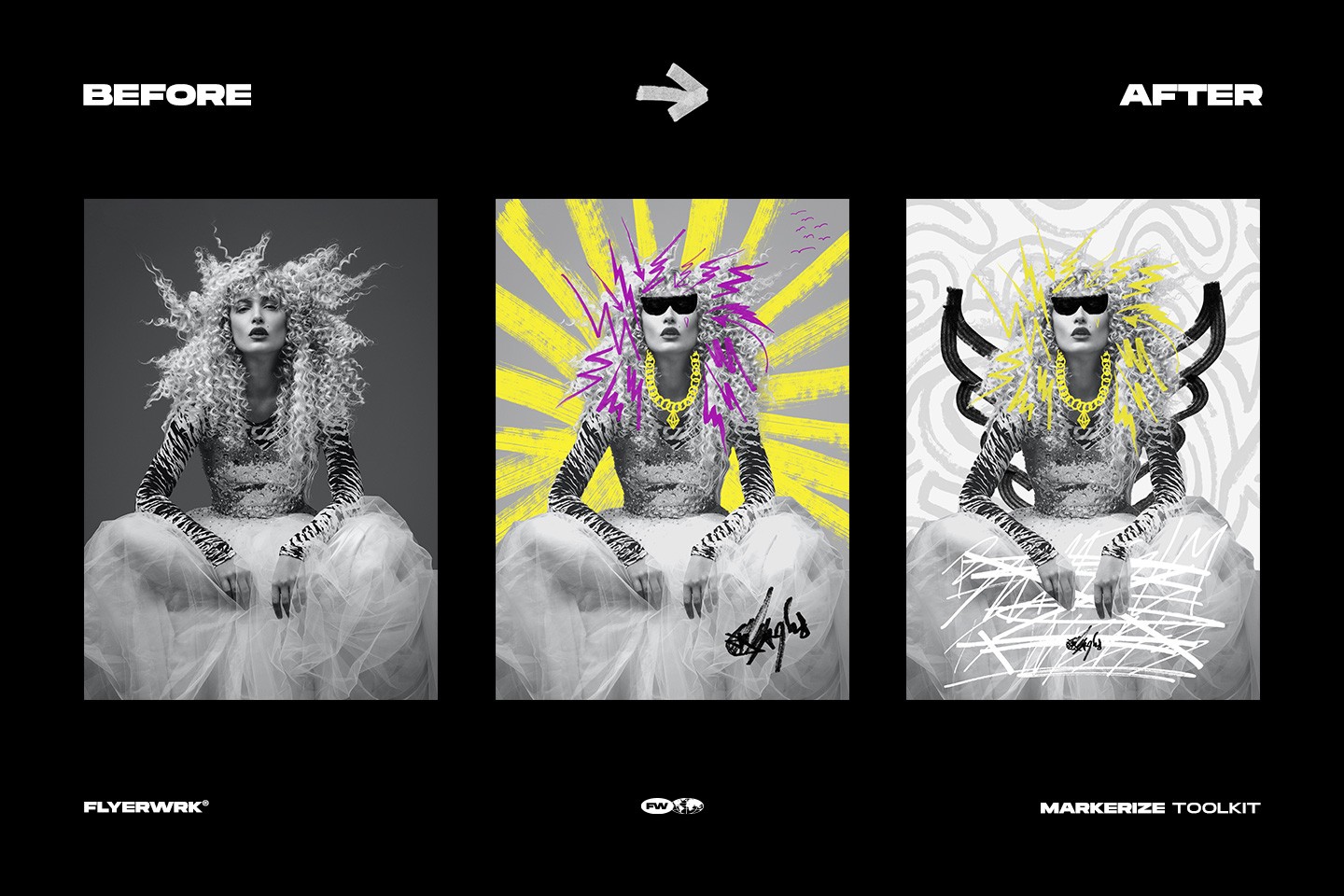 Markerize product demonstration showing before and after creative editing with hand drawn marker graphics overlays