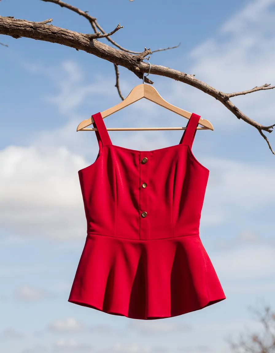 Vibrant red peplum top with button details hanging on wooden hanger against blue sky background, showcasing summer fashion