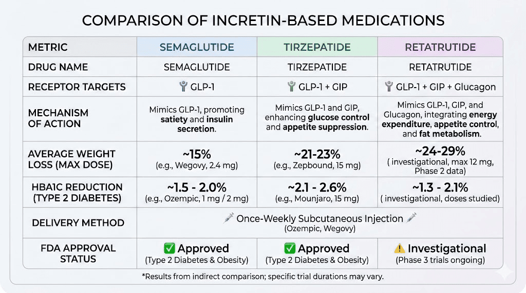 GLP-1 peptide comparison chart semaglutide tirzepatide retatrutide