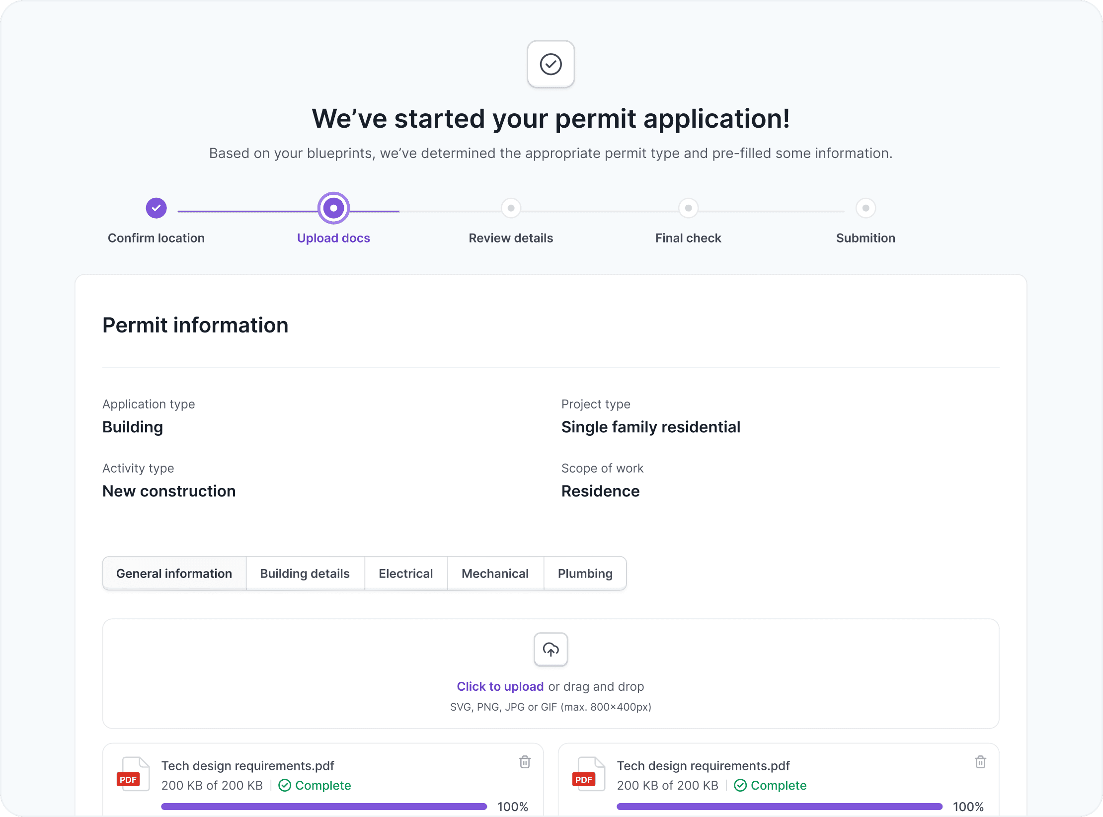 User-facing permit application screen titled "We’ve started your permit application!