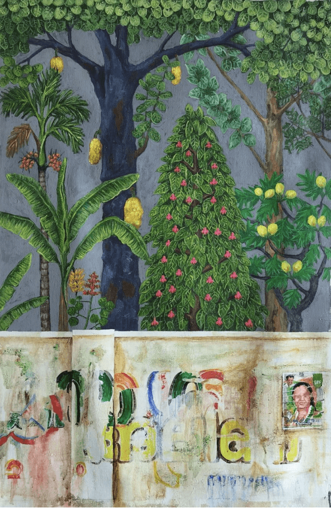 herd of sheep on road painting