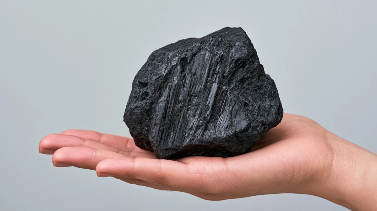 Raw black tourmaline held in a hand, showing its matte volcanic texture.