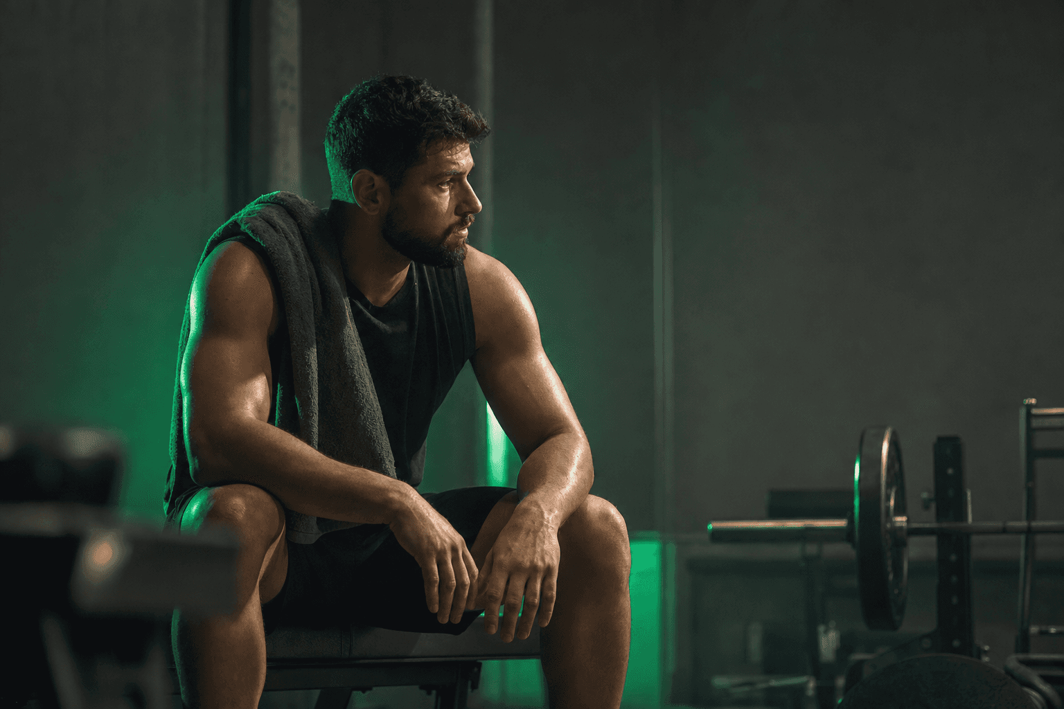 A lone lifter resting on a bench between sets in a dim industrial gym, representing weekly training rhythm