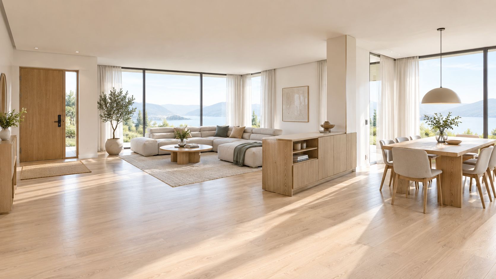 A modern open-concept living and dining room with floor-to-ceiling windows overlooking a scenic lake and mountain view.