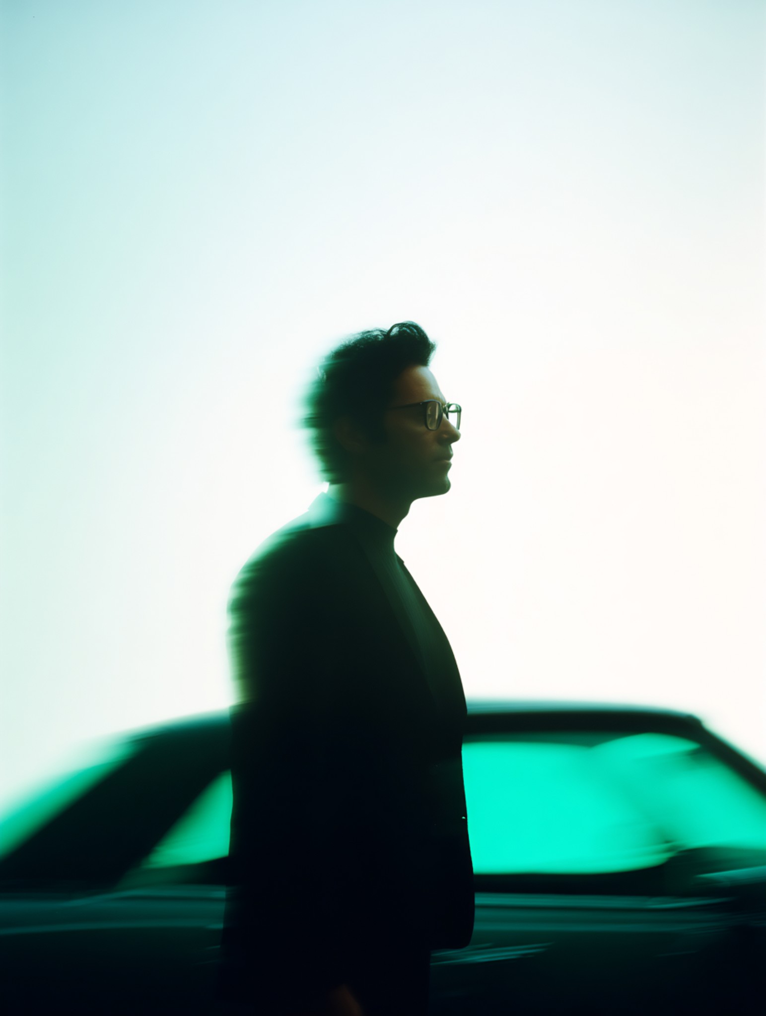 Blurred side-profile portrait of a man in glasses standing in front of a car against a bright, minimal background.