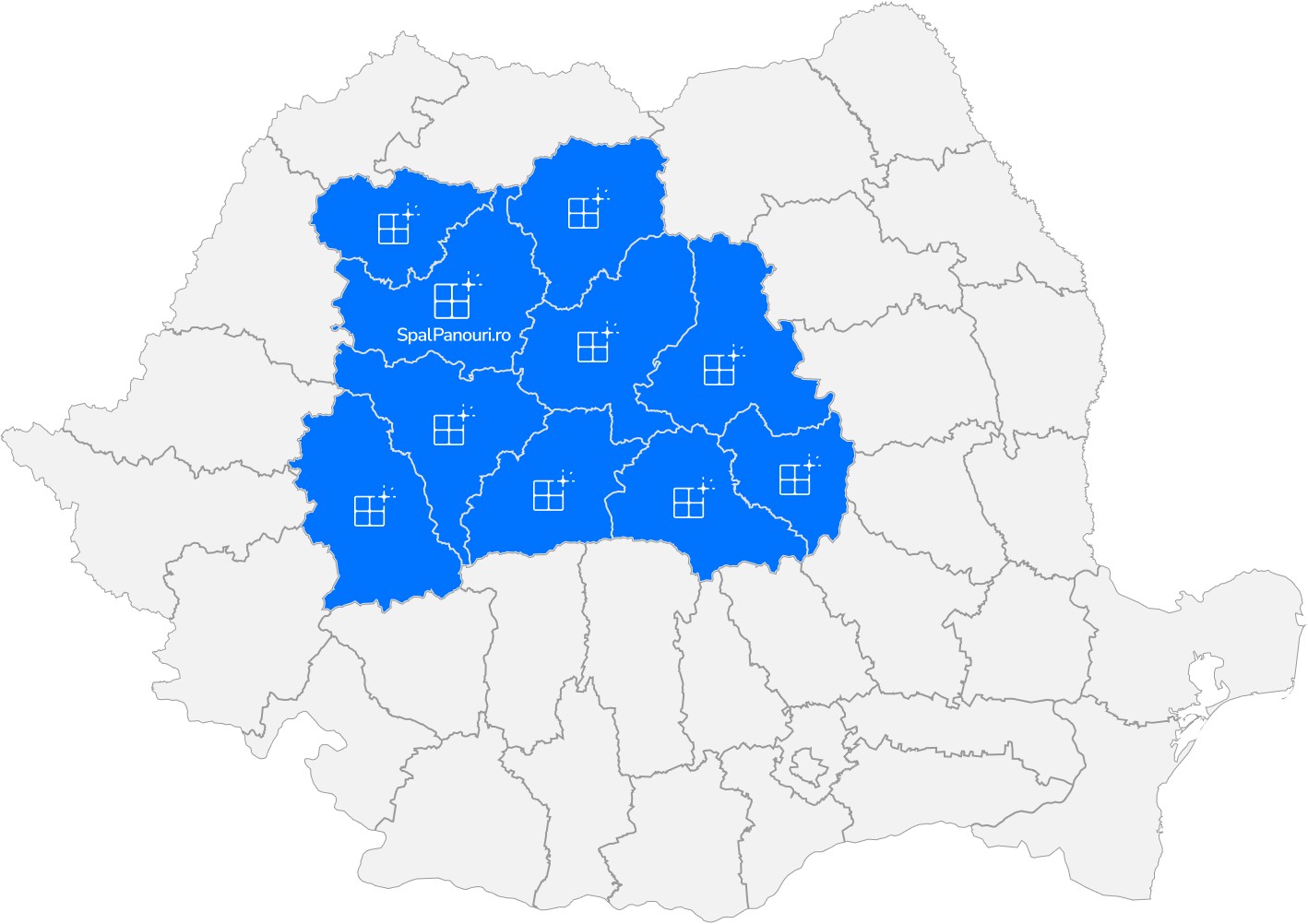 Harta romaniei pe judete, cu marcaj clar al acoperirii zonelor deservite de SpalPanouri.ro in Transilvania
