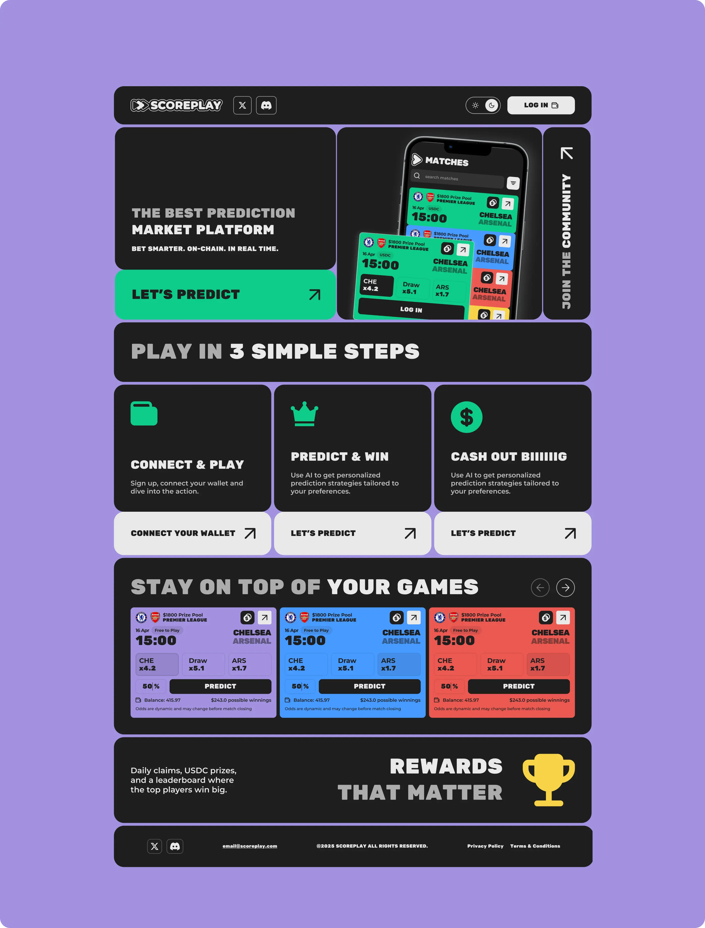 Scoreplay desktop web-app interface design, showcasing a bento-grid layout for predictive markets, AI-integrated stats, and community leaderboards.