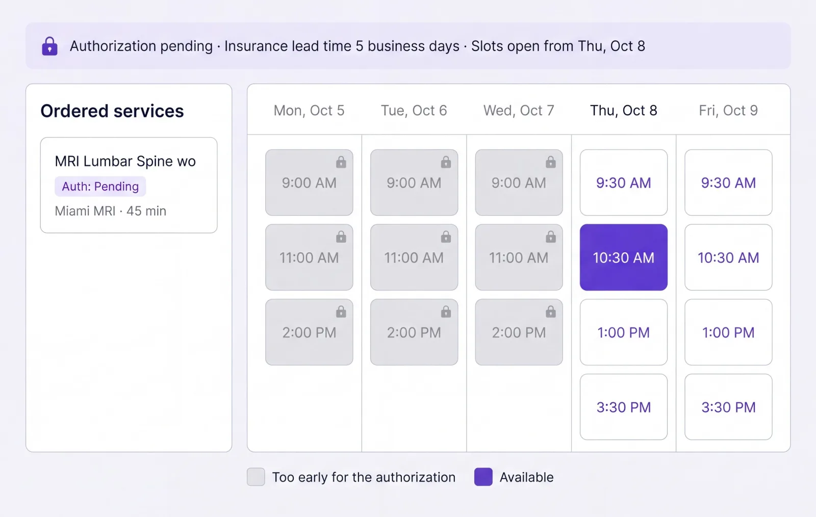 Gravity’s booking screen with authorization pending: slots before the insurer’s five-business-day lead time are locked and greyed, and later slots are open