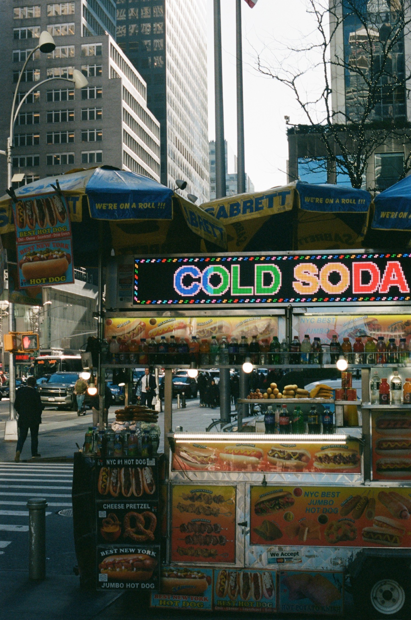 Cold Soda sign on a hot-dog stand storefront