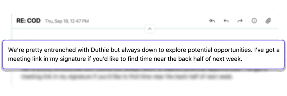RE: COD, "Always down to explore potential opportunities. I've got a meeting link in my signature."
