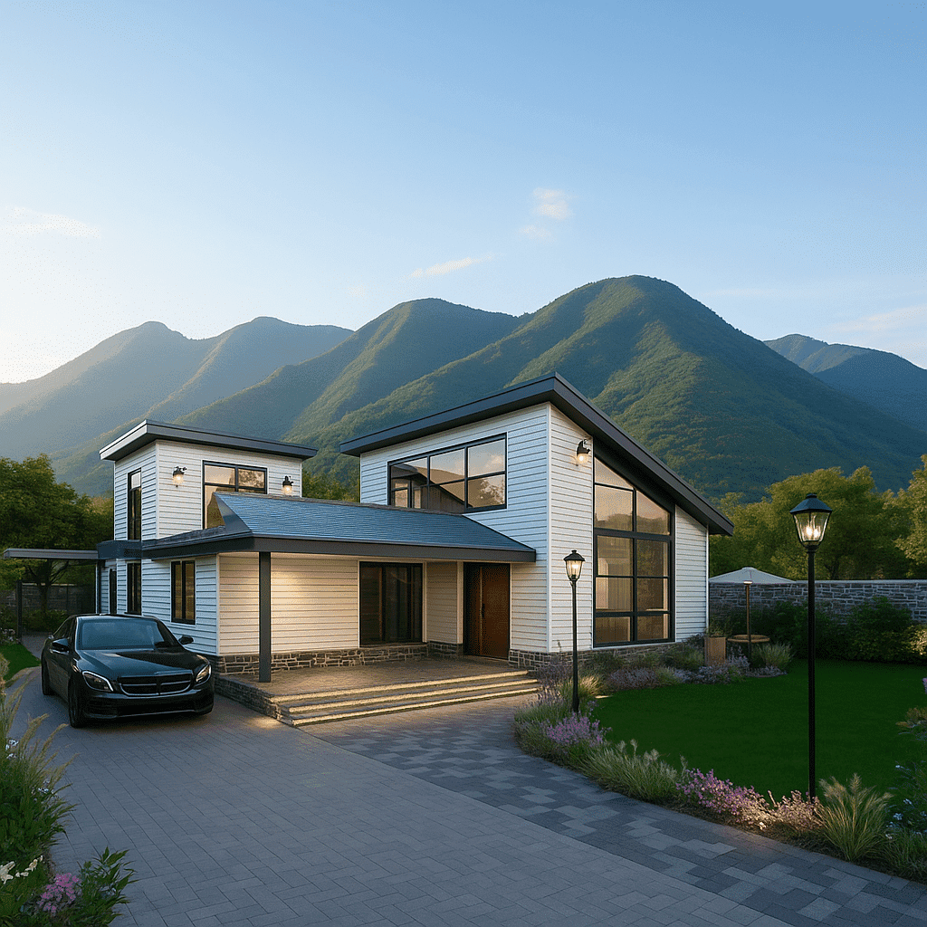 A serene sunset over a tranquil lake with a cozy white house in the foreground. Mountains and fluffy clouds enhance the peaceful, warm scene.