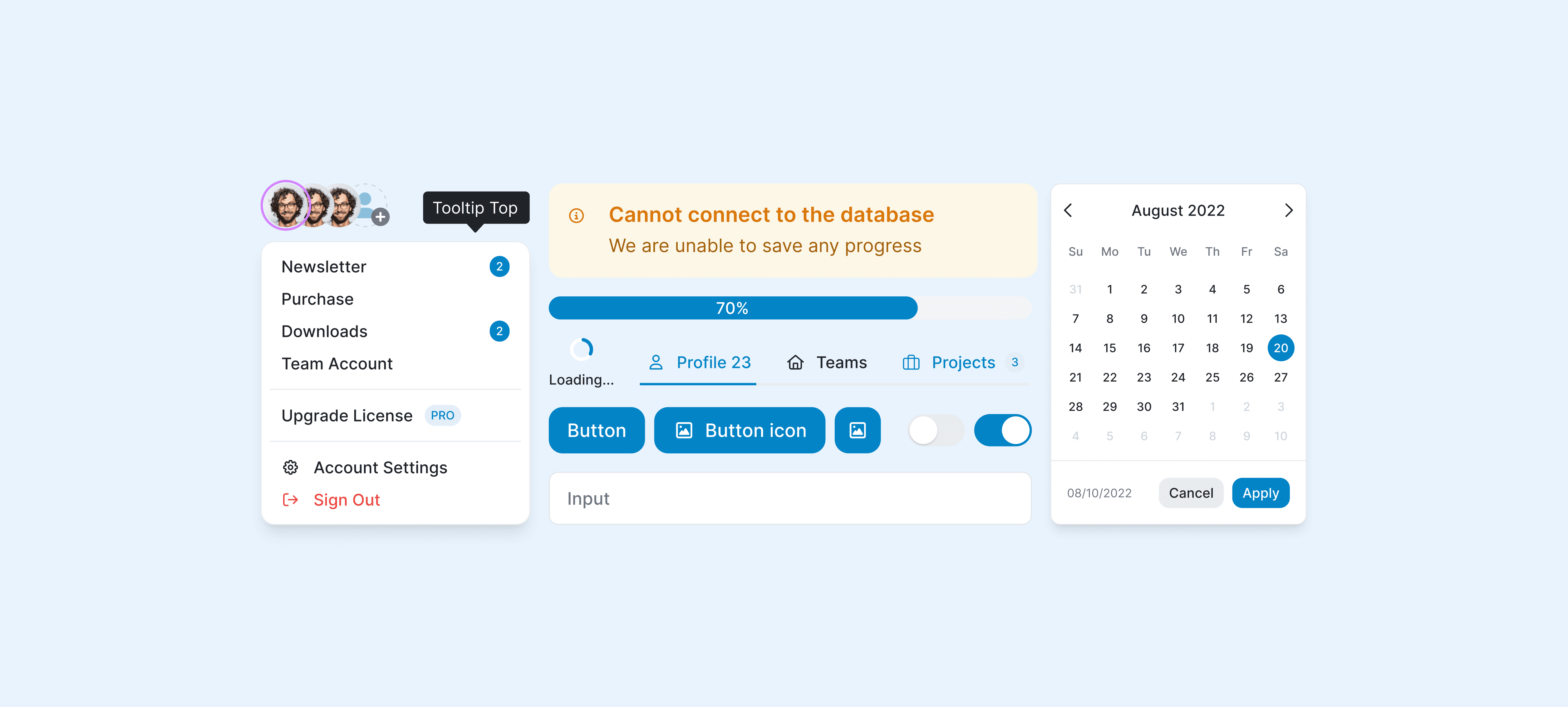 Aico design system UI components including a user avatar group with tooltip, a dropdown menu with navigation items and sign out, an error alert banner reading "Cannot connect to the database", a progress bar at 70%, a tab navigation bar, button variants with toggles, an input field, and a date picker for August 2022